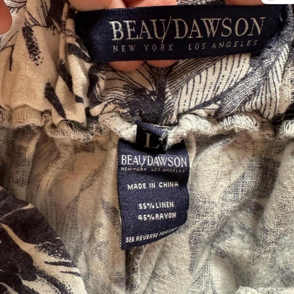 Beau Dawson Wide Leg Pants Large Navy White Tropical Floral Linen Blend Pockets - Picture 2 of 4